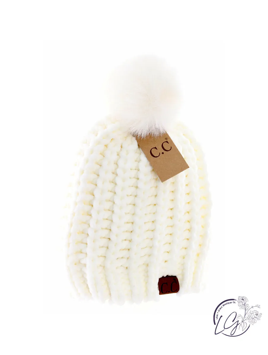 Chenille Chunky Knit Faux Fur Pom CC Beanie